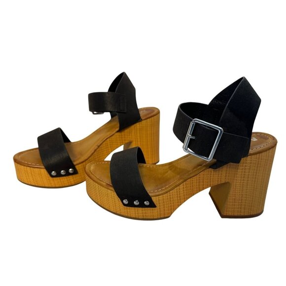 MIA Size 8 Black Strap Platform Sandals W/ Wood Block Heel & Adjustable Strap - Picture 1 of 14